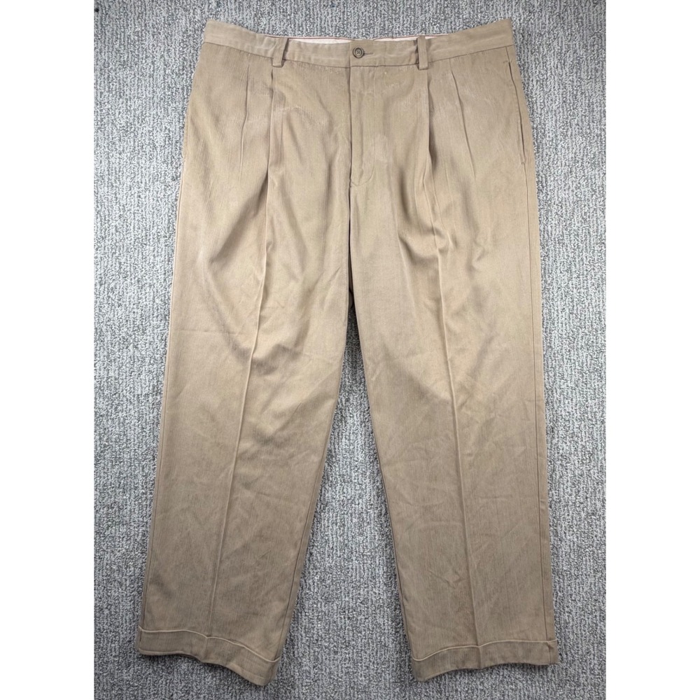 Tommy Bahama Trousers Mens 40x32(29) Tan Silk Bamboo Pleated Cuffed Herringbone